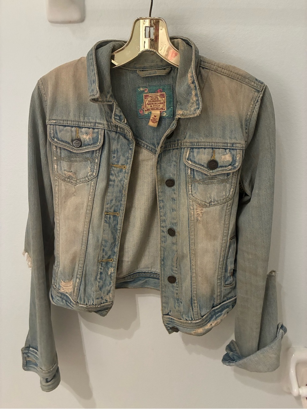 Abercrombie & Fitch Light Wash Blue Distressed Jean Jacket